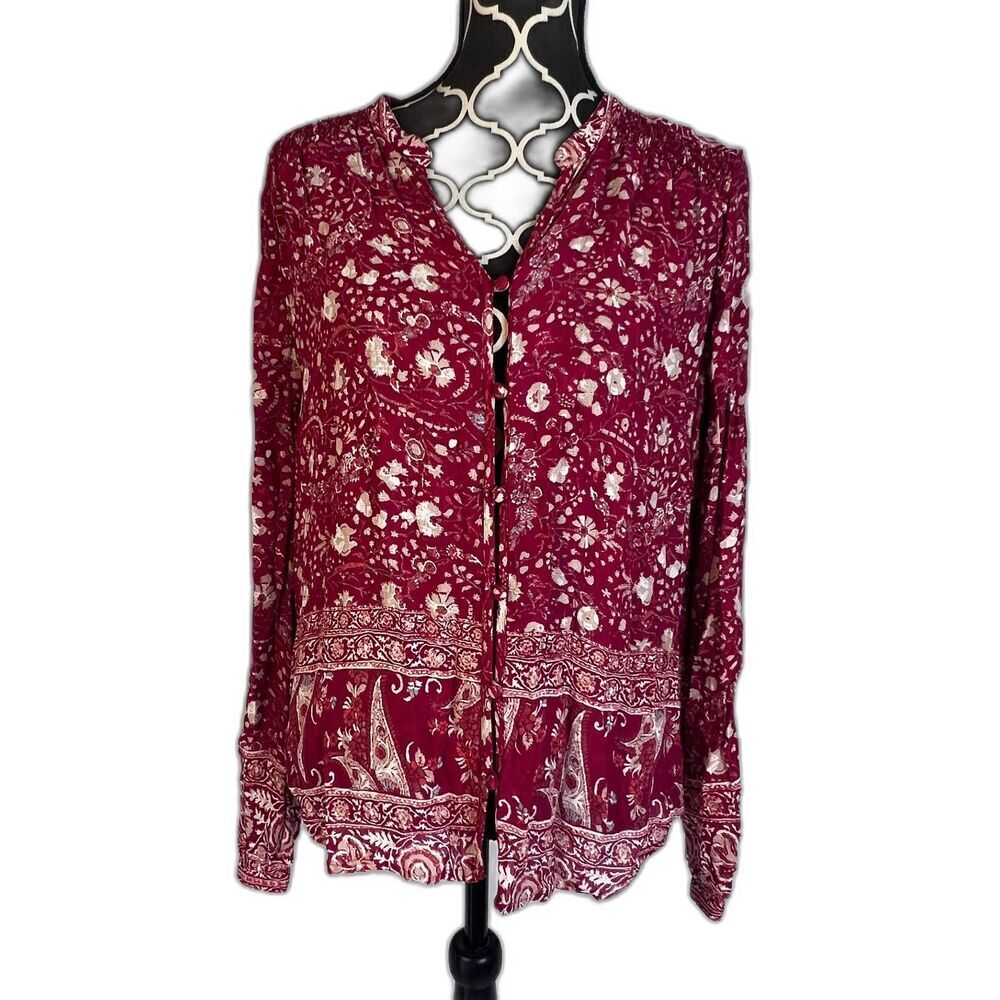 Lucky Brand Floral Print Button Front Smocking Detail Lightweight‎ Blouse Large